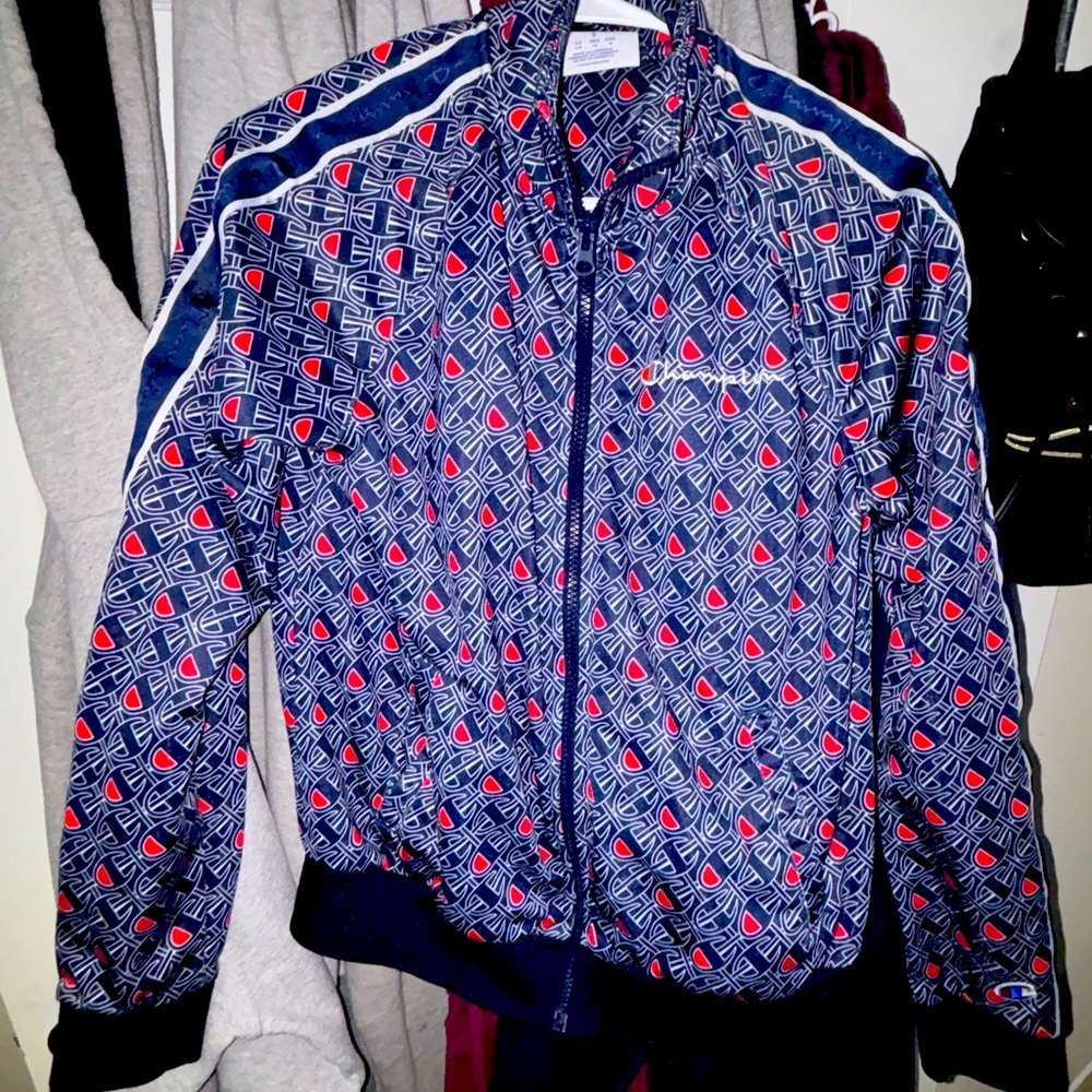 Champion Allover Logo Blue Zip Up Track Jacket Size Small. Worn On TV Show